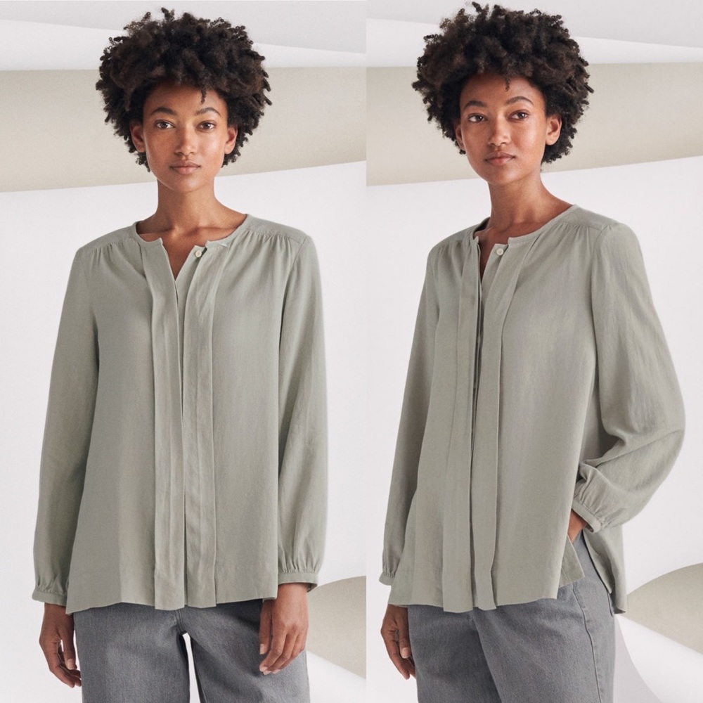 Poetry EcoVero Viscose & Linen Pale Sage Green Collarless Shirt